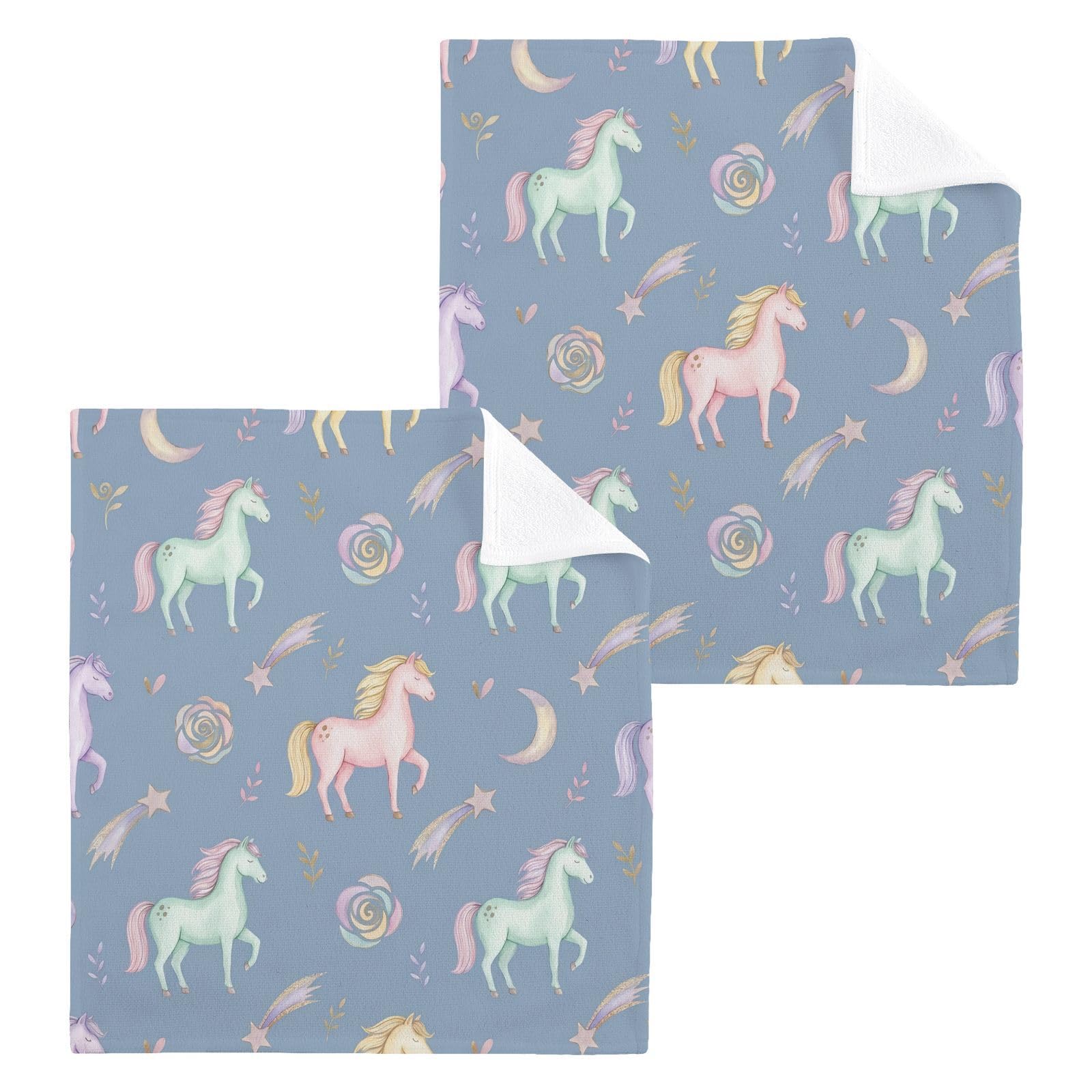 BOESI Pastel Horses 12x12in Cotton Washcloth,Soft Absorbent Face Towel