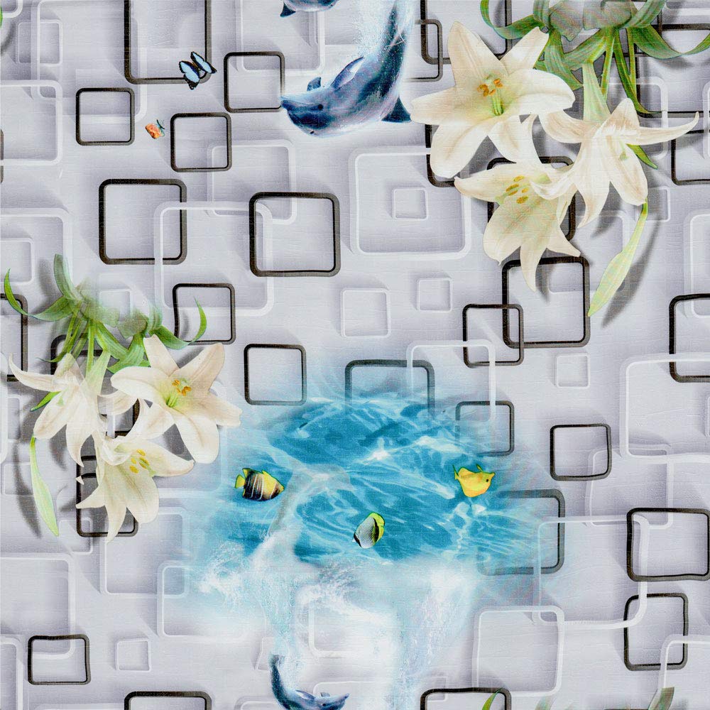 LZH-LP 3D Effects Self-Adhesive Wallpaper, 45x300CM White Lilies Blue Dolphins Peel Stick Vinyl, Fish Squares Removable Wallpaper Film Roll for Wall Cabinet Décor
