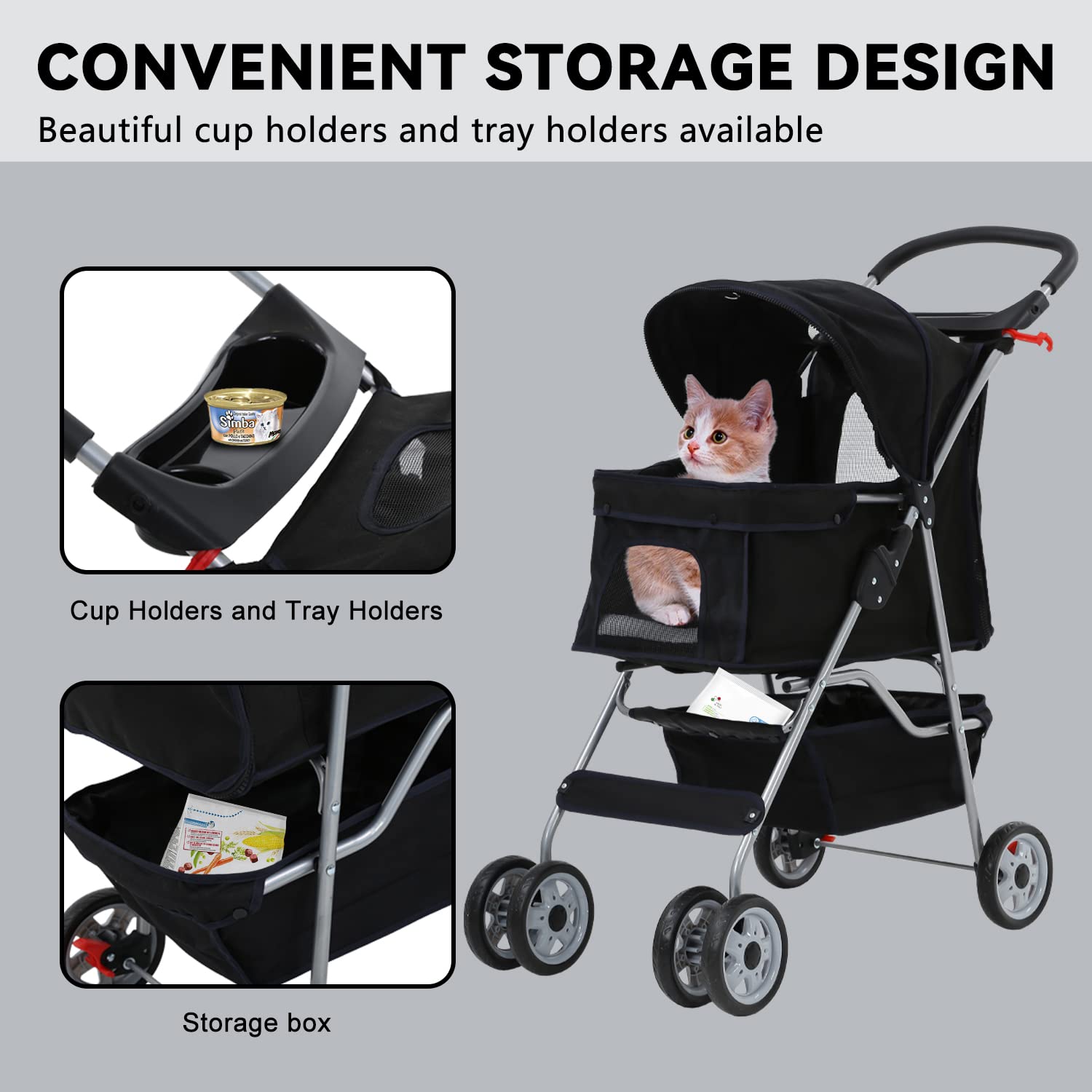 4 Wheels Dog Stroller, Pet Cat Jogger Stroller, Folding Carrier Waterproof Puppy with Cup Holder & Removable Liner, Dog Strollers for Small Dogs, for Small and Medium Pet Supplies (Black)