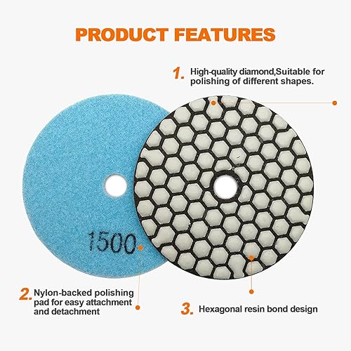 Miniatura 6 de Juego de almohadillas de pulido de diamante seco, 8 piezas de 4 pulgadas (# 50* 3,100* 2,200* 1,400* 1,800* 1) para lijado de mármol de piedra de