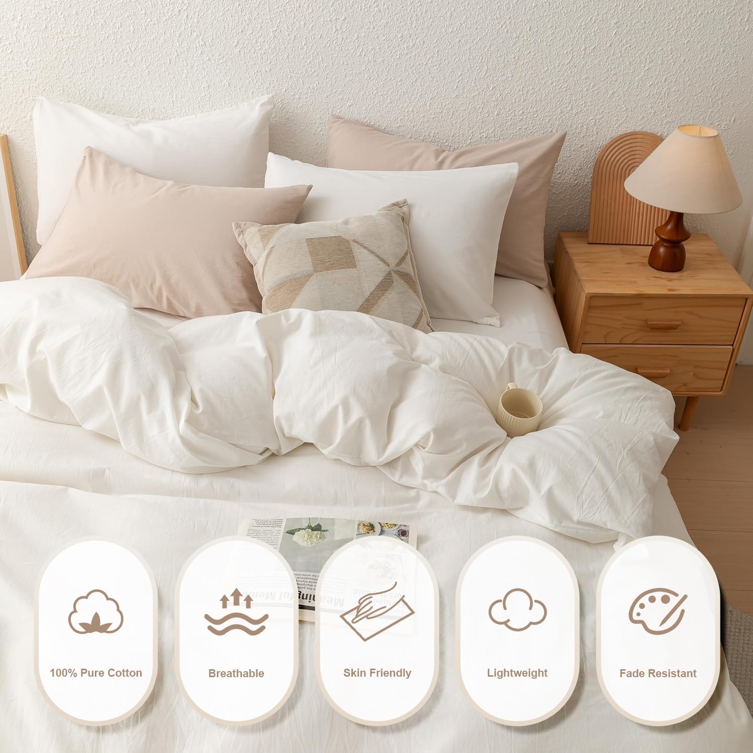 100% Washed Cotton Duvet Cover Set King Size with Bag Ultra Soft and Lightweight, All Season Bedding with Zipper and Ties, Minimalist Neutral Style (Warm White, King (104"x90"))