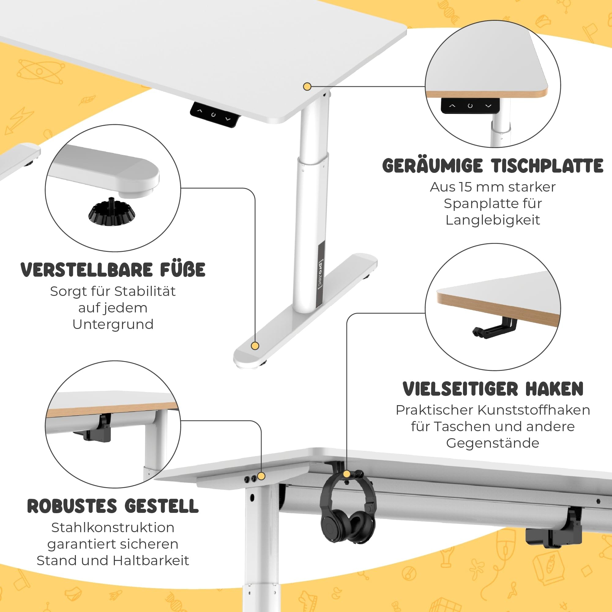 pro.tec Höhenverstellbarer Kinderschreibtisch Ringe 120 x 60 cm Computertisch für Kinder Weiß Schülerschreibtisch