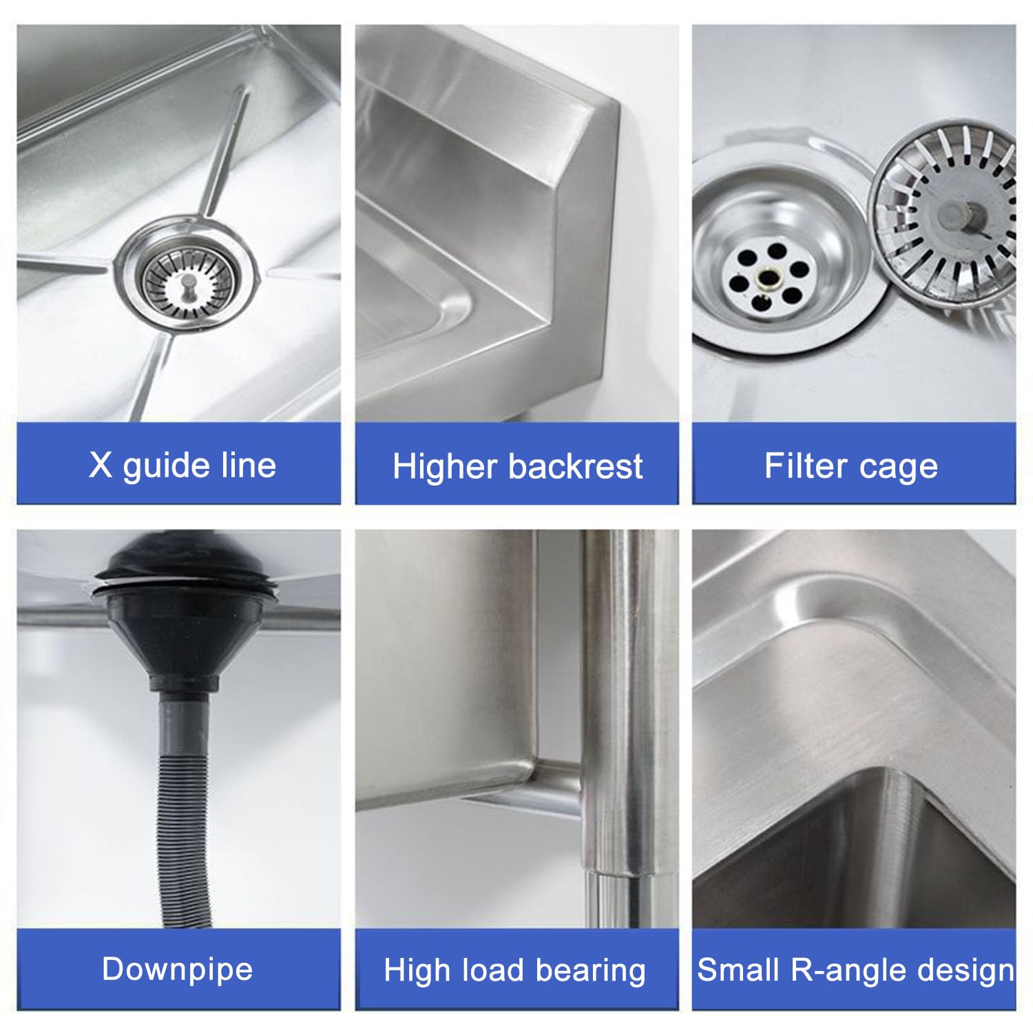 Fregadero de Cocina Independiente Fregaderos de Dos Senos, Fregadero de Acero Inoxidable Industriales con Grifo, Patas Acero, Fácil de Instalar, para Cocina, Restaurante