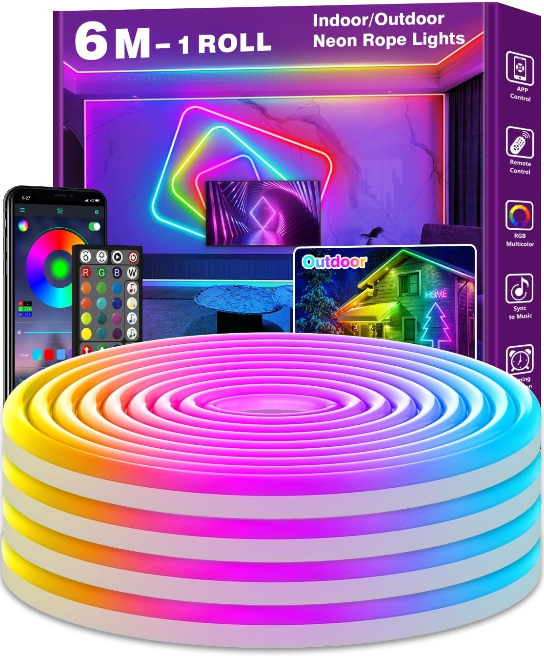 AHRLHR Waterproof Neon Rope Lights IP68, 6m LED Strip Light for Outdoor Indoor, Flexible RGB Neon Strip Lights Controlled by APP & Remote, Music Sync Gaming Strip for Game Room or Around Pool