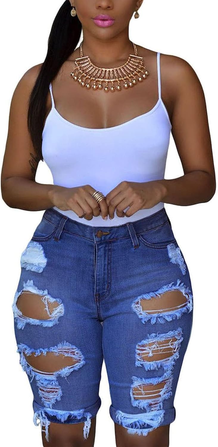 roswear Women's Ripped Denim Destroyed Mid Rise Stretchy Bermuda Shorts Jeans