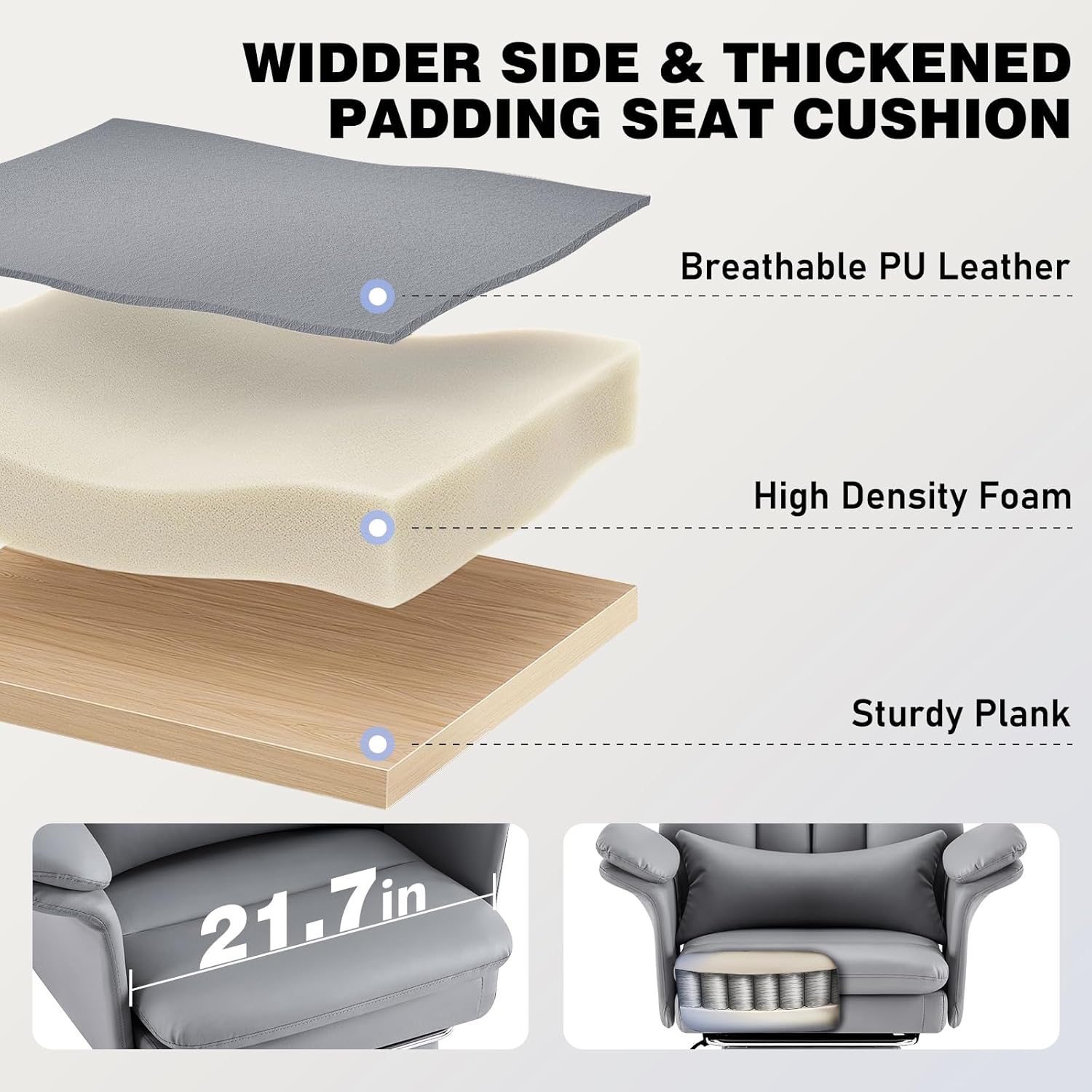 Comfortable Home Office Chair with Footrest 400lbs, Premium PU Leather Office Chair with High Back Adjustable Lumbar Support Double-Layered Armrests,Reclining Chairs,Gray