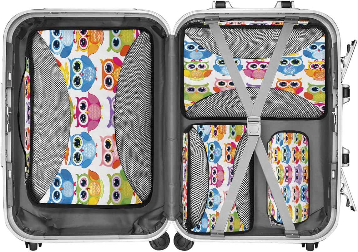 Packing Cubes 4 Pack Cute Animal Indian Owl Travel Packing Bags Individual Carry on Suitcases Underwear Luggage Mesh Organizer Packing Cubes Set for Travel Bag Backpack