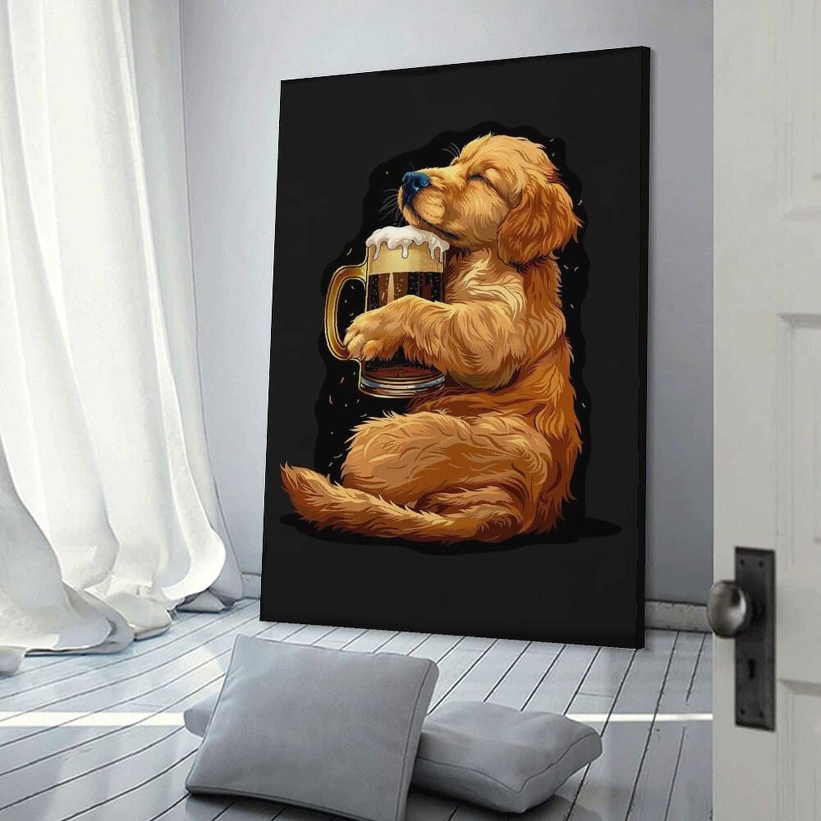 Junmoney Golden Retriever Beer Canvas Wall Decor 20x30inch(50x75cm), for Home Lounge, Bedroom Or Reading Nook, A Home Accent with Warm Character