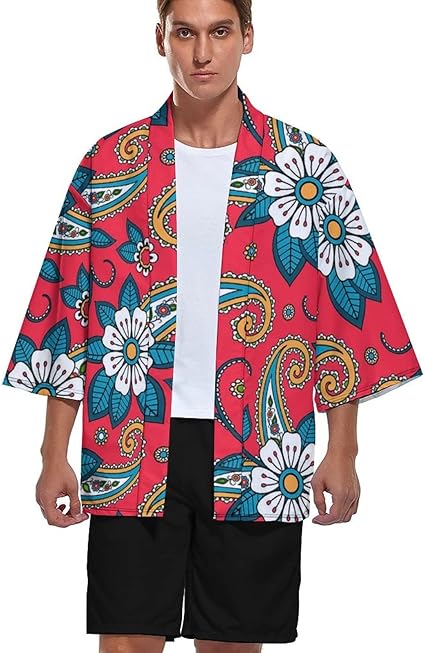 Amazon Co Jp 夏服 和服 メンズ インド風 エスニック柄 花柄 カーディガン 七分袖 ジャケット Tシャツ 浴衣 ゆったり ボタンなし かっこいい 和式パーカー コート 開襟シャツ カジュアルシャツ 薄手 大きいサイズ 夏祭り 秋祭り トップス ファッション