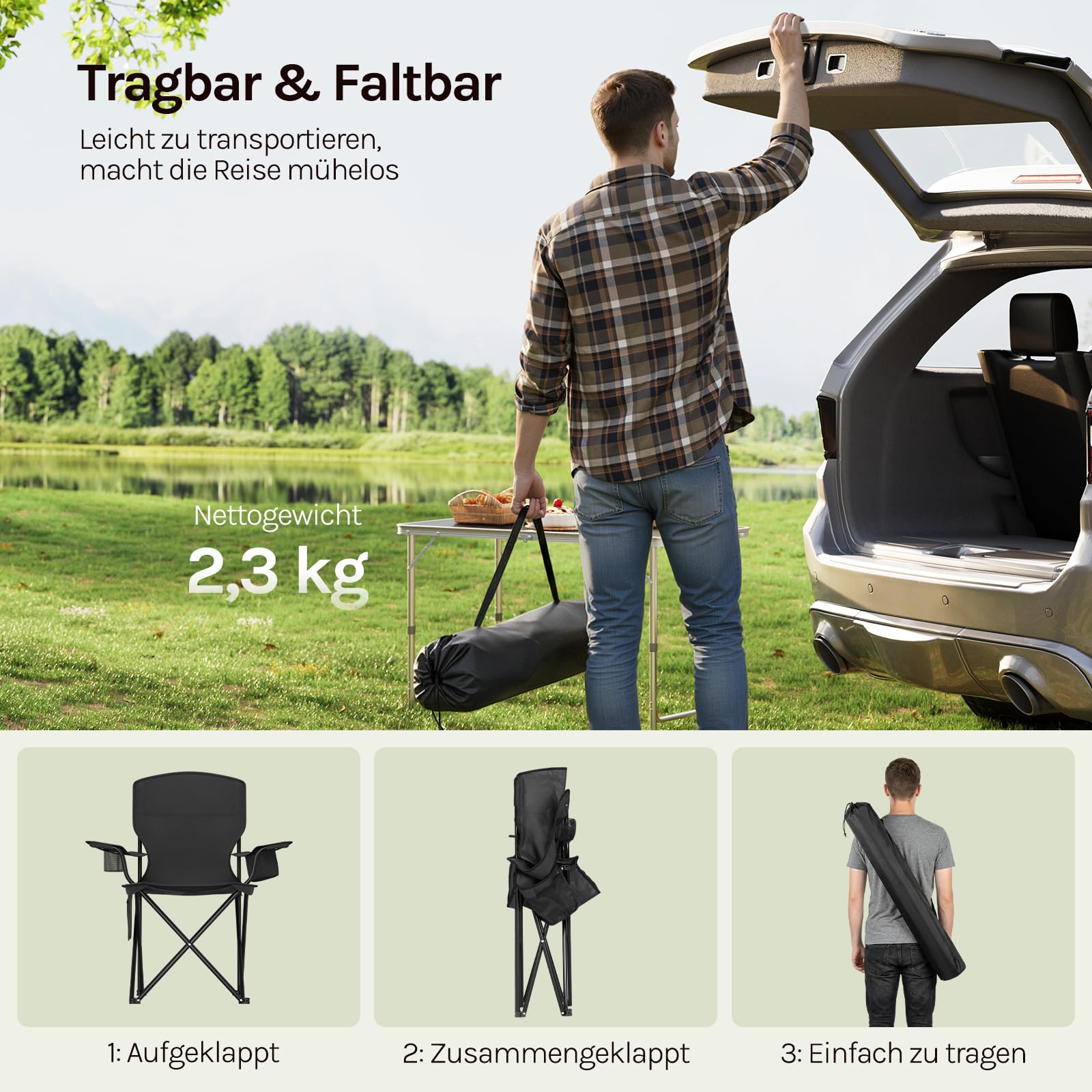 WOLTU Campingstuhl 2er Set Klappstuhl Faltbar bis 130 kg Belastbar mit Getränkehalter Seitentasche & Kühltasche, Outdoor Angelstuhl Camping Klappstuhl für Strand Angeln,Schwarz