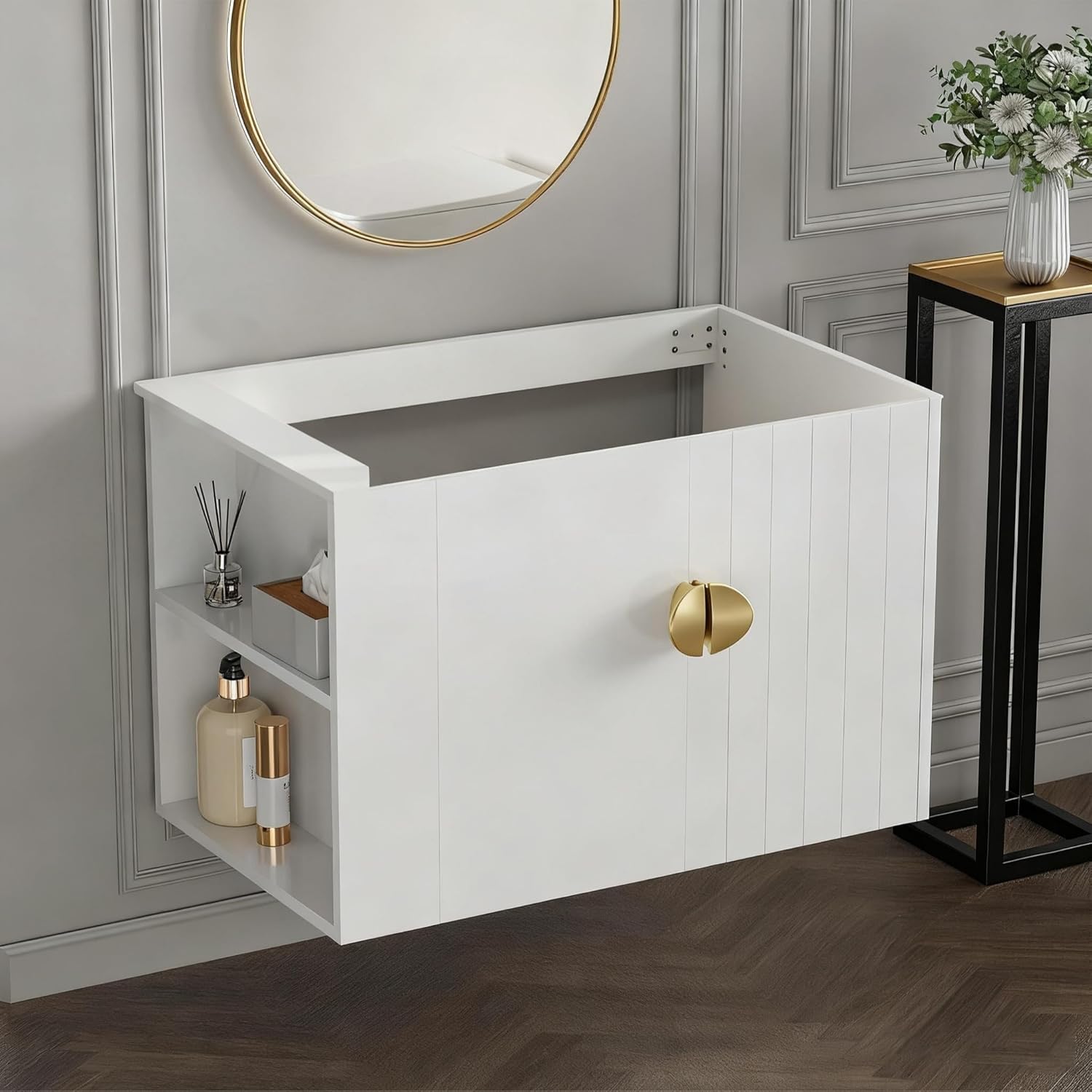 Findepot 30 Inch Floating Vanity Bathroom Without Sink, Black Painted Bathroom Vanity Cabinet with Soft Close Cabinet Door & Open Storage Left Shelf, Modern Wall Mounted Vanity, White