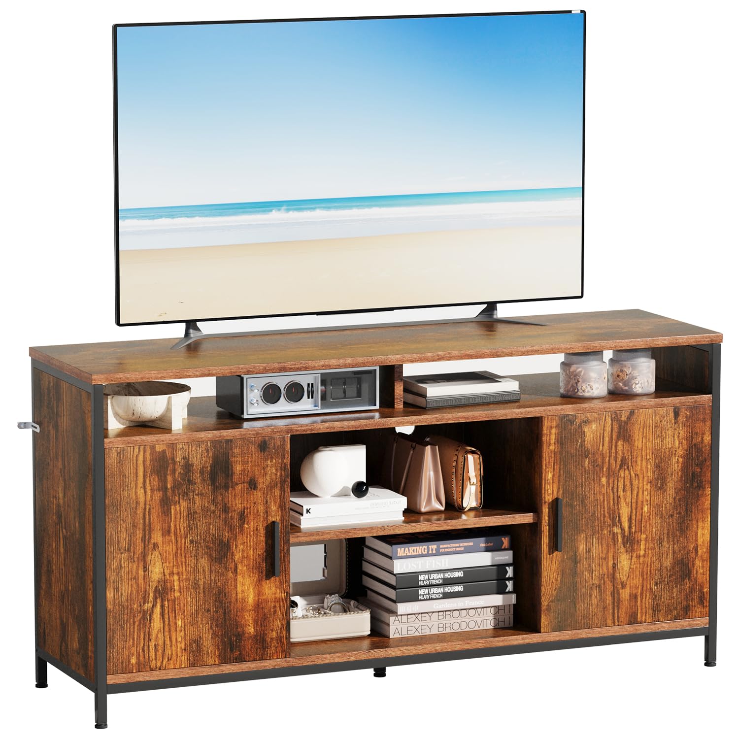 ELUCHANG Mueble de TV, Mesa de TV para Salón, con Estantes Ajustables, para Televisores de hasta 65 Pulgadas, Estilo Industrial, 140 x 40 x 71 cm, Marrón Rústico y Negro