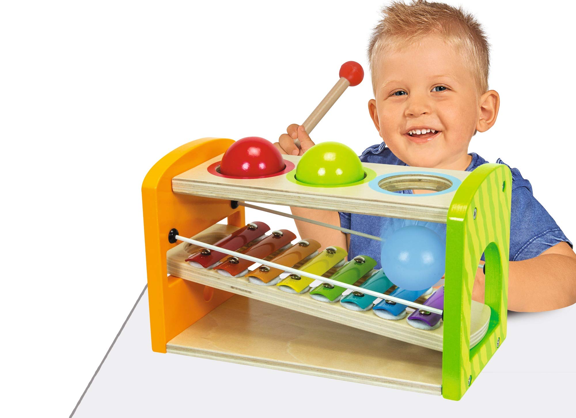 Eichhorn buntes Spielcenter, Motorikwürfel mit Motorikschleife, Uhr, Motorikspiel, Größe: 20x20x36 cm & Xylophon Klopfbank, enthält: Klöppel, 8X Noten, 3X Kugeln, 6-TLG., Birkenholz, 12,5x25x14cm