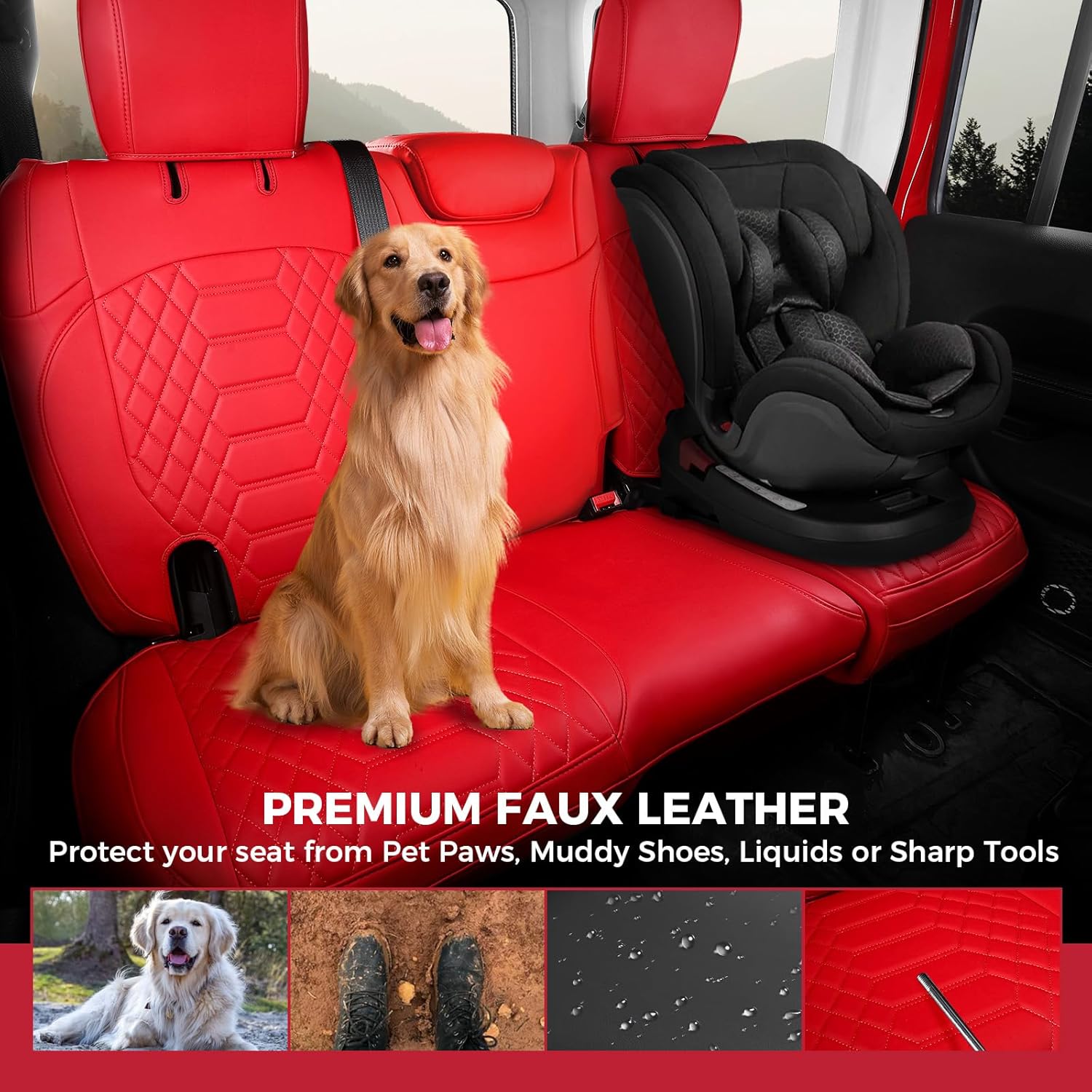 FREESOO Seat Covers for Jeep Wrangler 4 Door JL 2018 2019 2020 2021 2022 2023 2024 2025 2026 1:1 Custom Seat Covers Without Rear Cup Holder - RED