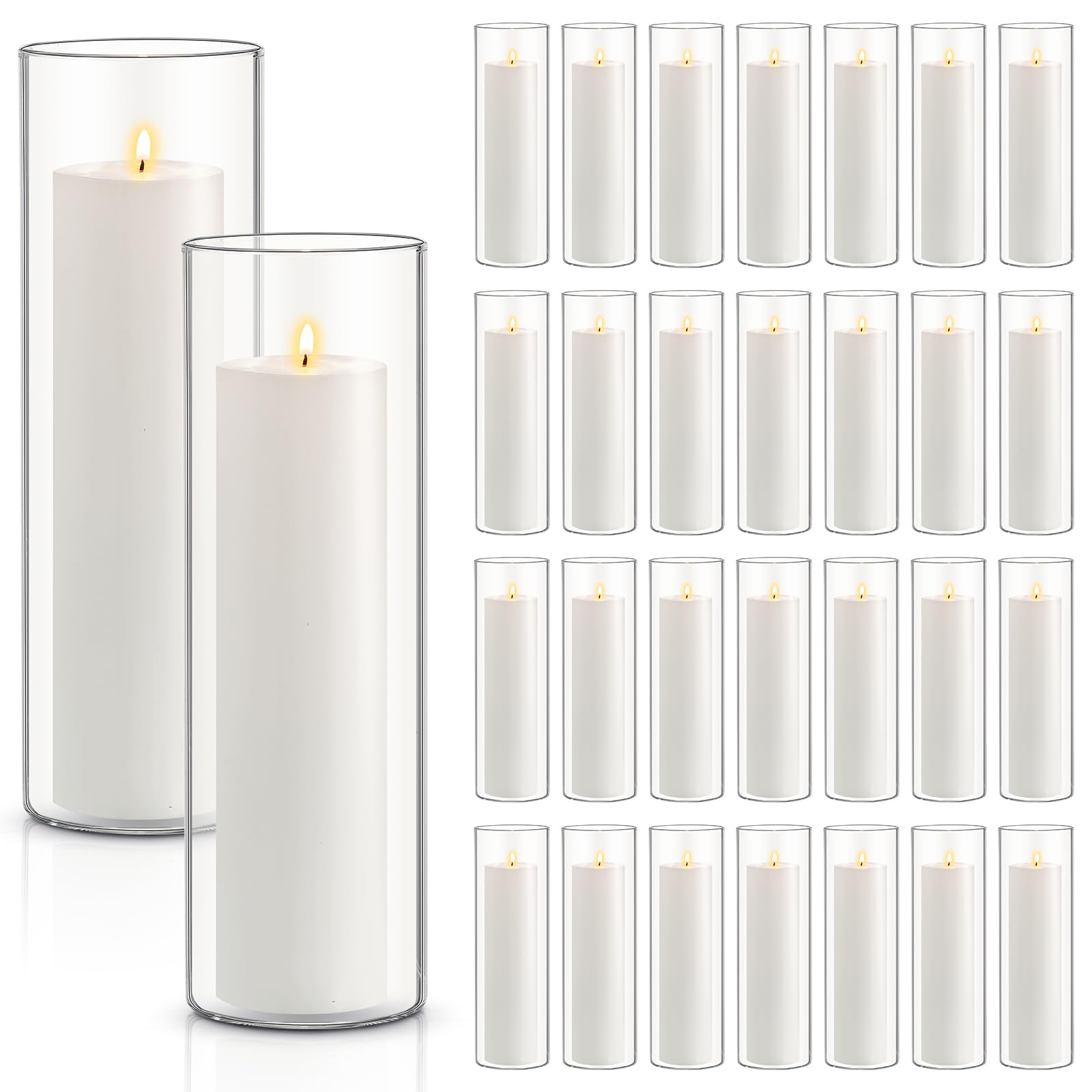 Maxcheck 30 Pcs White Pillar Candles and 30 Pcs Glass Cylinder Vases Clear Cylinder Candle Holders for Wedding Centerpieces Religious Church Memorial Meditation (3.3 x 4'', 2 x 3'')