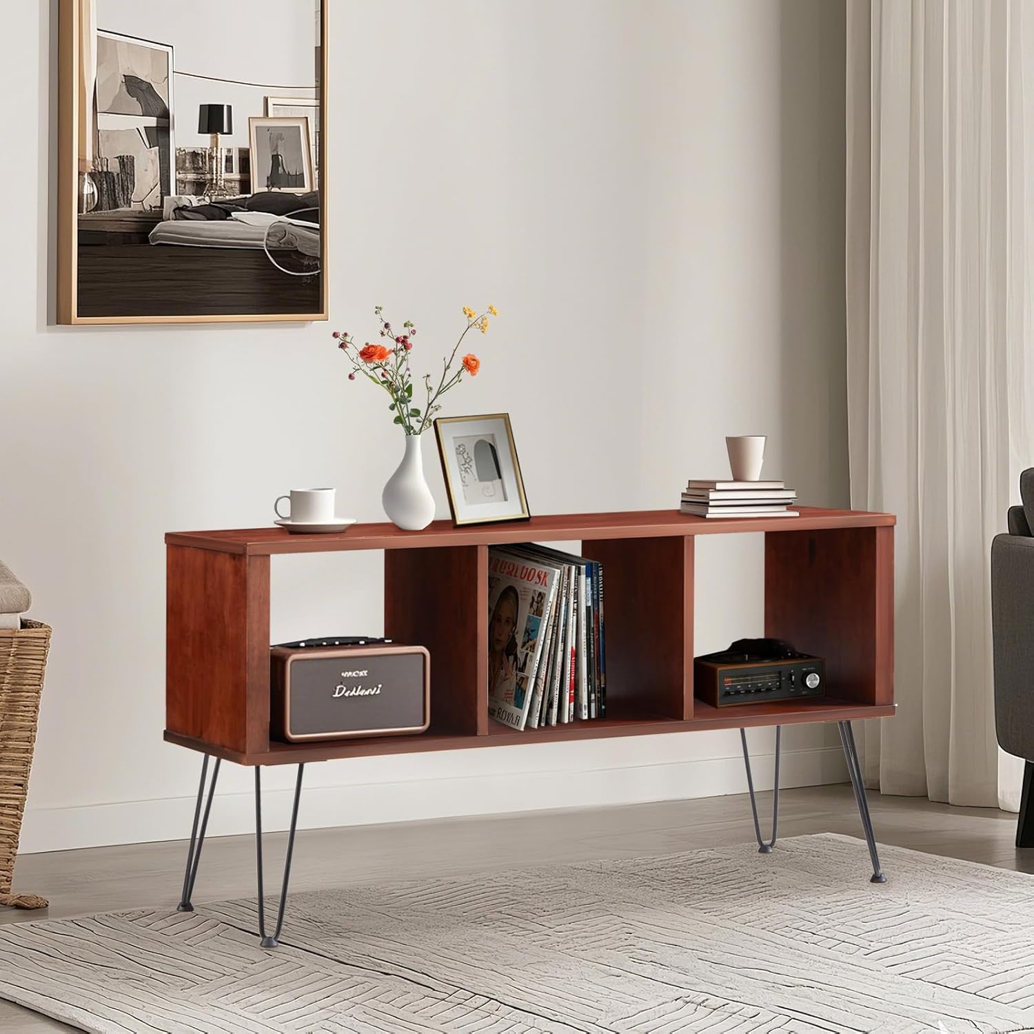 50" Walnut Mid-Century Modern TV Stand, TV Up to 60 Inch, Detachable Legs, Vertical & Horizontal Storage, Record Holder Shelf for Living Room, Bedroom, Horizontal and Vertical