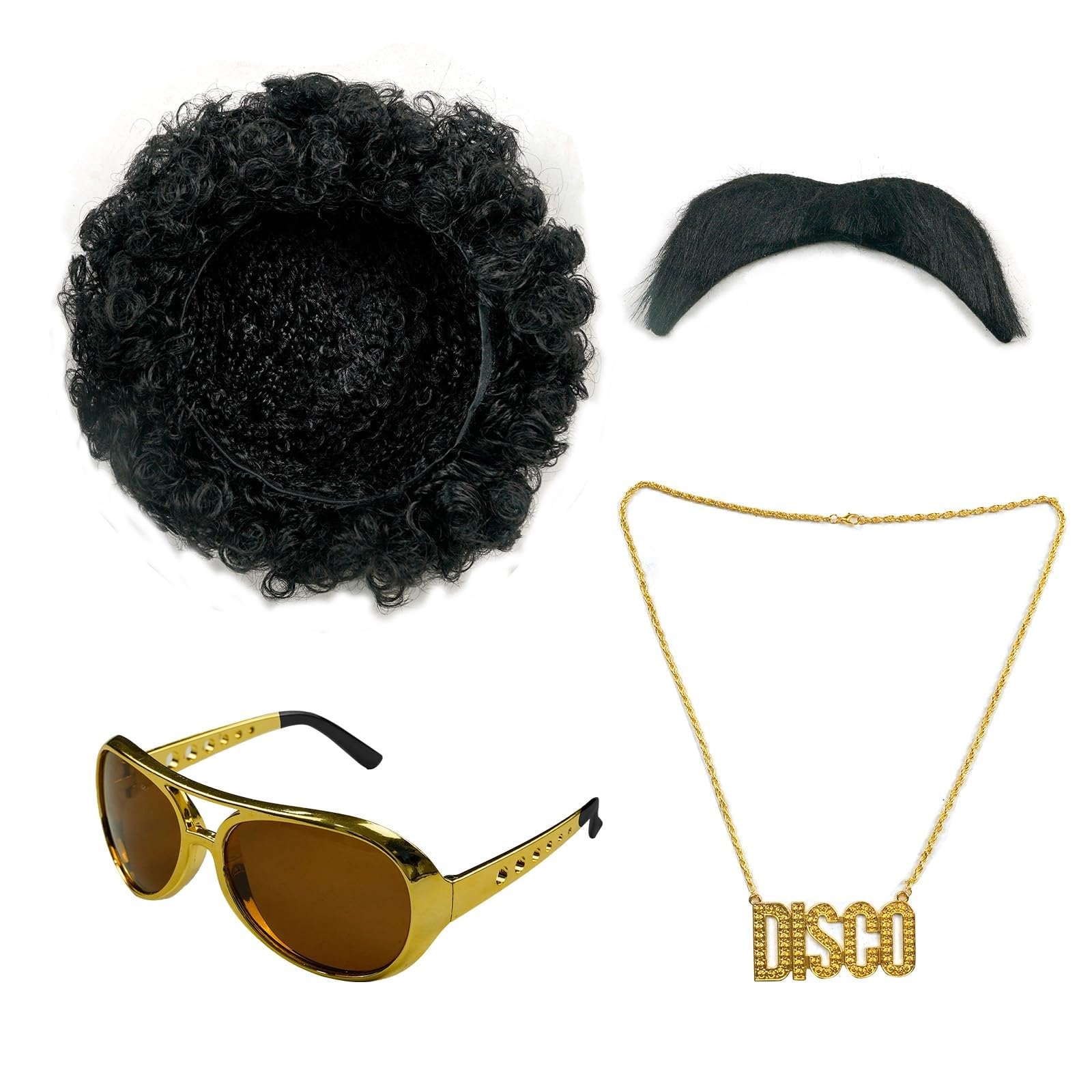 70er Jahre Disco Kostüm Set für Herren 6-teilig mit Hemd Schlaghose Perücke Sonnenbrille Halskette Schnurrbart 60s 70s 80s Party Fasching Halloween Karneval Kostüm