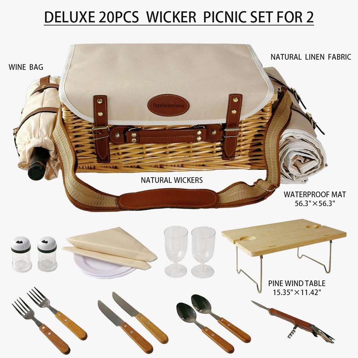 Large Wicker Picnic Basket kit Set for 2 Adults with Blanket Family Folding Wine Table,Insulated Portable Extra Big Storage Capacity Natural Woven Rattan Canasta de Full Tablewares Camping Outdoor