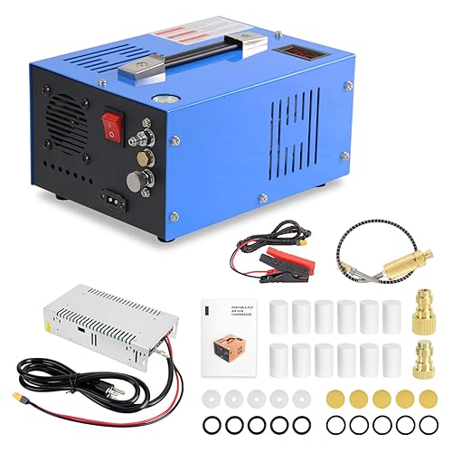 Portable PCP Air Compressor 4500 PSI / 30 MPa: Built-In Transformer & Fan, Oil/Water-Free, One-Button Start, for Air Rifles, Dive Tanks, & Compressors, Supports 110VAC Home & 12VDC Vehicle Power.