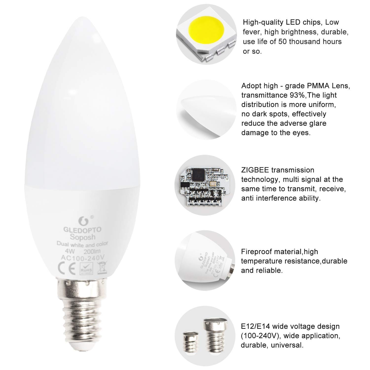 Zigbee żarówka E14 LEDInteligentne żarówki 4 W ściemniane RGBW ostrzeżenie białe oświetlenie zmieniające kolor światła punktowe stroione aplikacja sterowanie scenerią światło