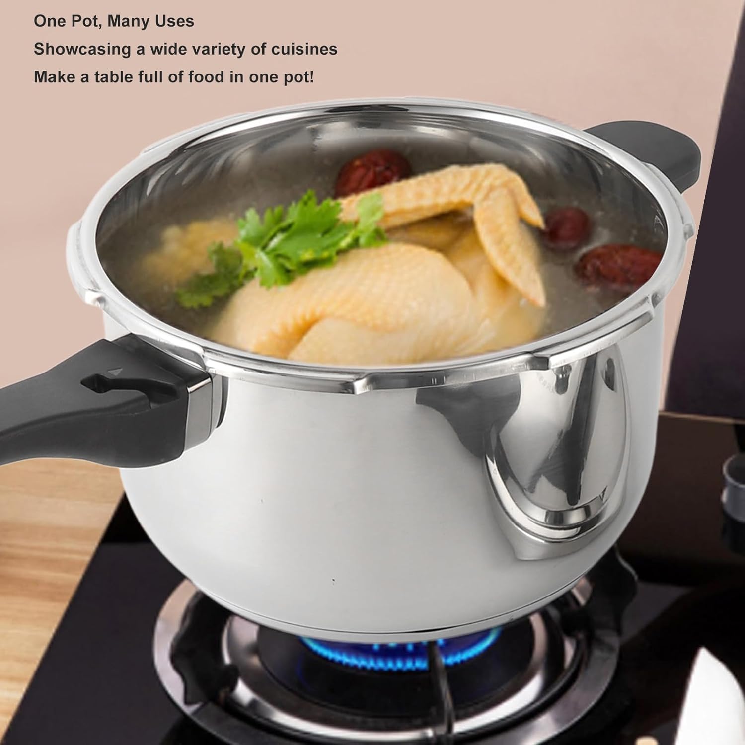 Fockety Pressure Cooker on a gas stove, cooking food.