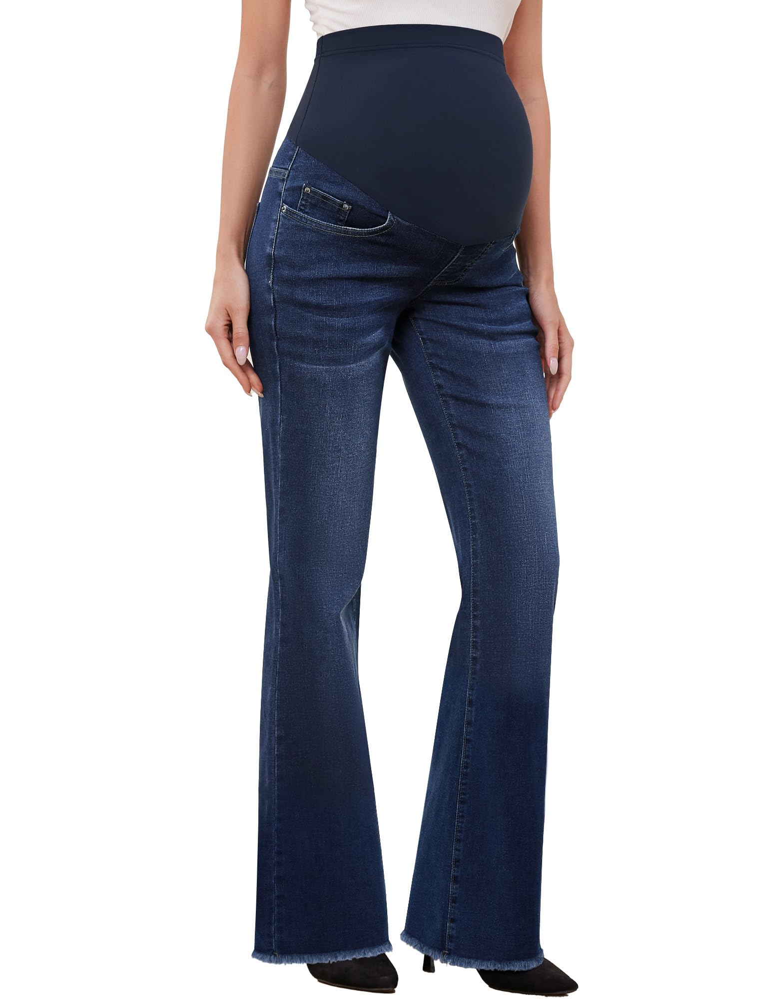 GLAMIX Women's Stretch Maternity Bootcut Jeans with Pockets Over The Belly Bell Bottoms Flare Denim Pants Pregnancy Clothes