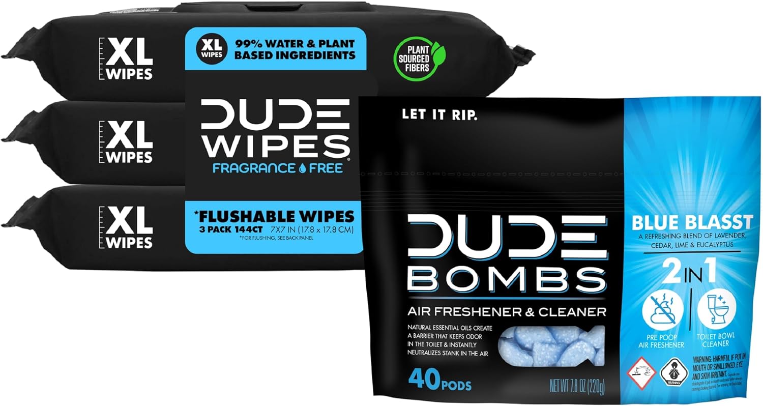 DUDE Wipes - Flushable Wipes (3 Pack, 144 Count), Unscented Extra-Large & DUDE Bombs Deodorizing Toilet Freshener, Fresh Scent (40 Pods)