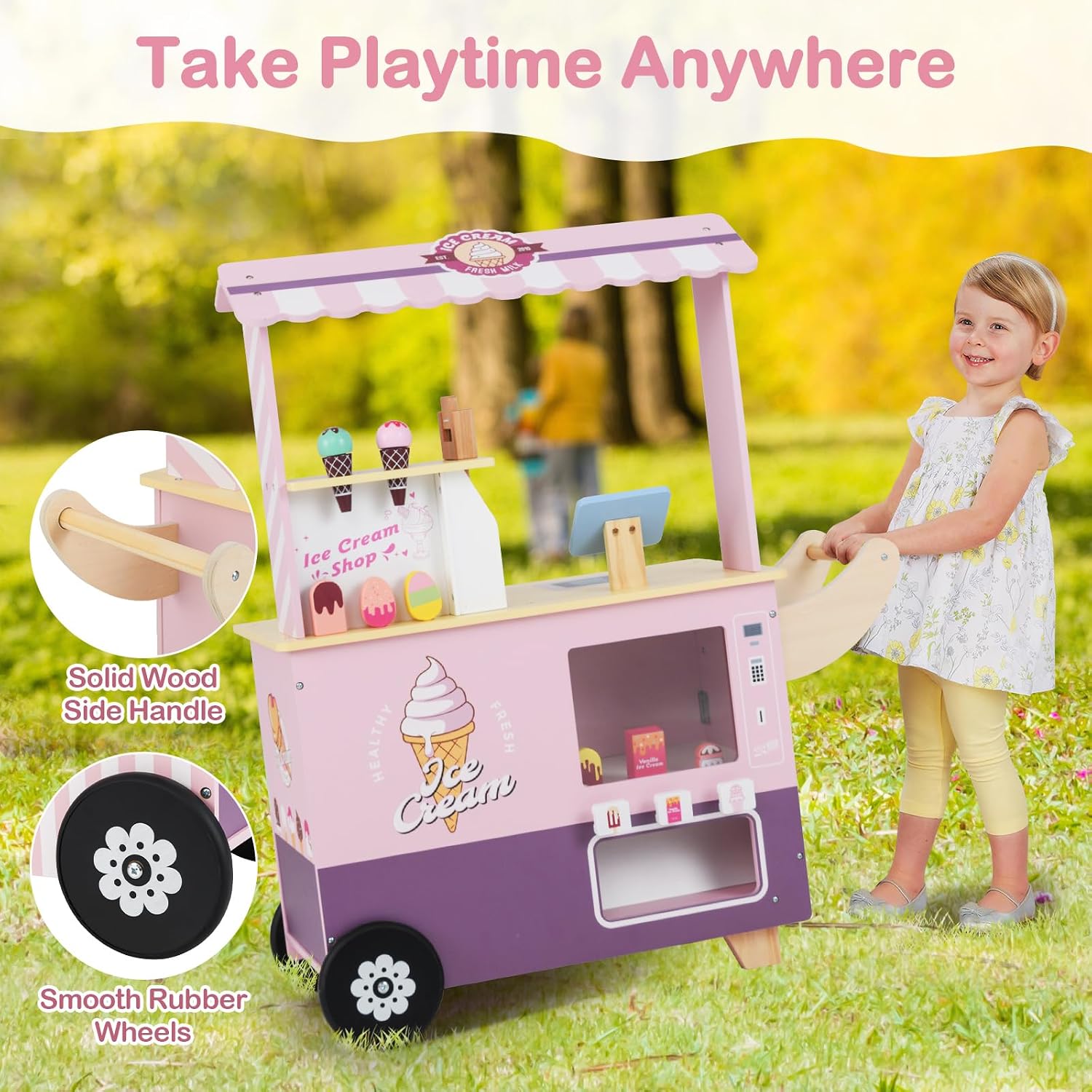 Costzon Ice Cream Cart, Wooden Grocery Store w/Vending Machine, Play Food, Display Rack & Shelves, Swivel Wheels, Push Handle, Ice Cream Truck, Market Stand Pretend Playset for Kids Ages 3+ (Pink) image 5