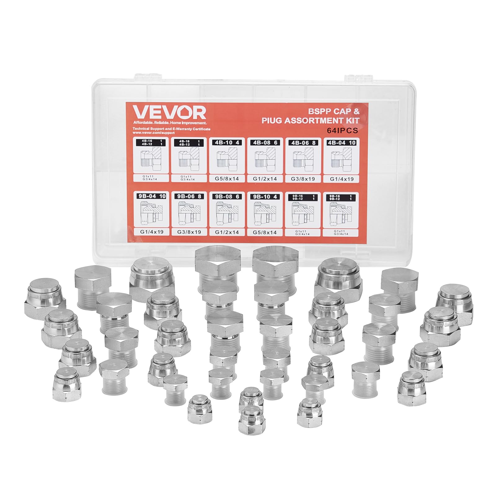 VEVOR 64-teiliges BSPP-Hydraulikfitting-Set, Hydraulikkappen- und Stopfen-Set mit Präzisionsgewinde, verzinkter Stahl, Hochleistungs-Adapter-Set, Armaturenbrettgrößen 04/06/08/10/12/16
