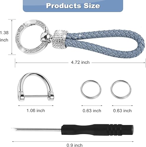 Miniatura 2 de Llaveros de cuero con tachuelas de diamantes plateados, llaveros de metal de cuerda trenzada para hombres y mujeres, con 3 llaveros, anillo en D