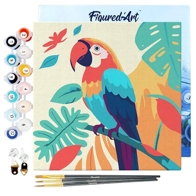Figured'Art Mini Pintar por Números 20x20cm con marco para Adultos Loro Tropical