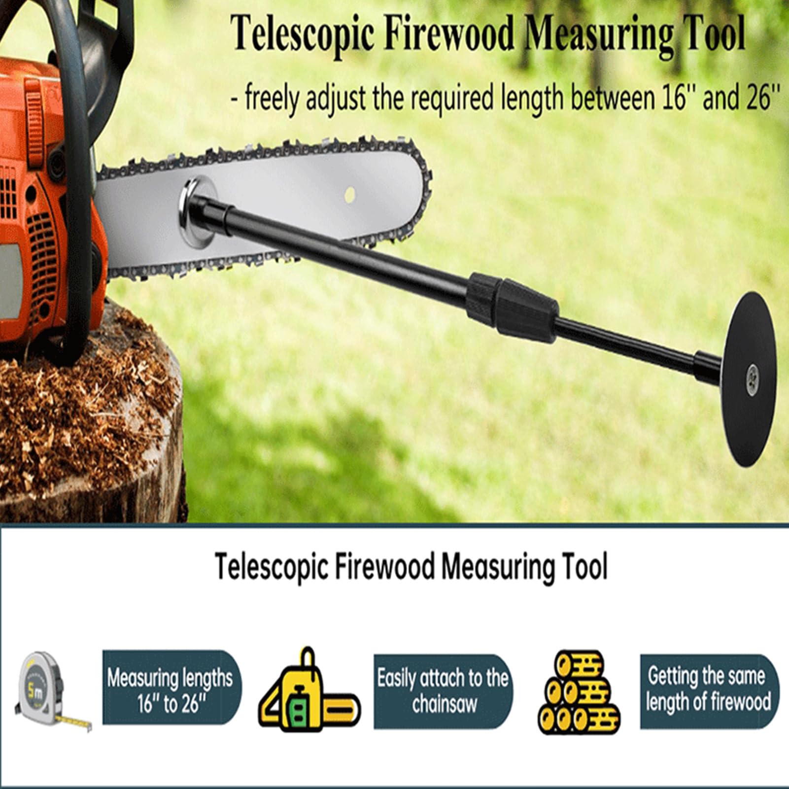 Outil de mesure du bois de chauffage – Tige de mesure magnétique réglable pour bois de chauffage avec tige télescopique | Jauge de bois de chauffage se fixe à la tronçonneuse pour une mesure précise