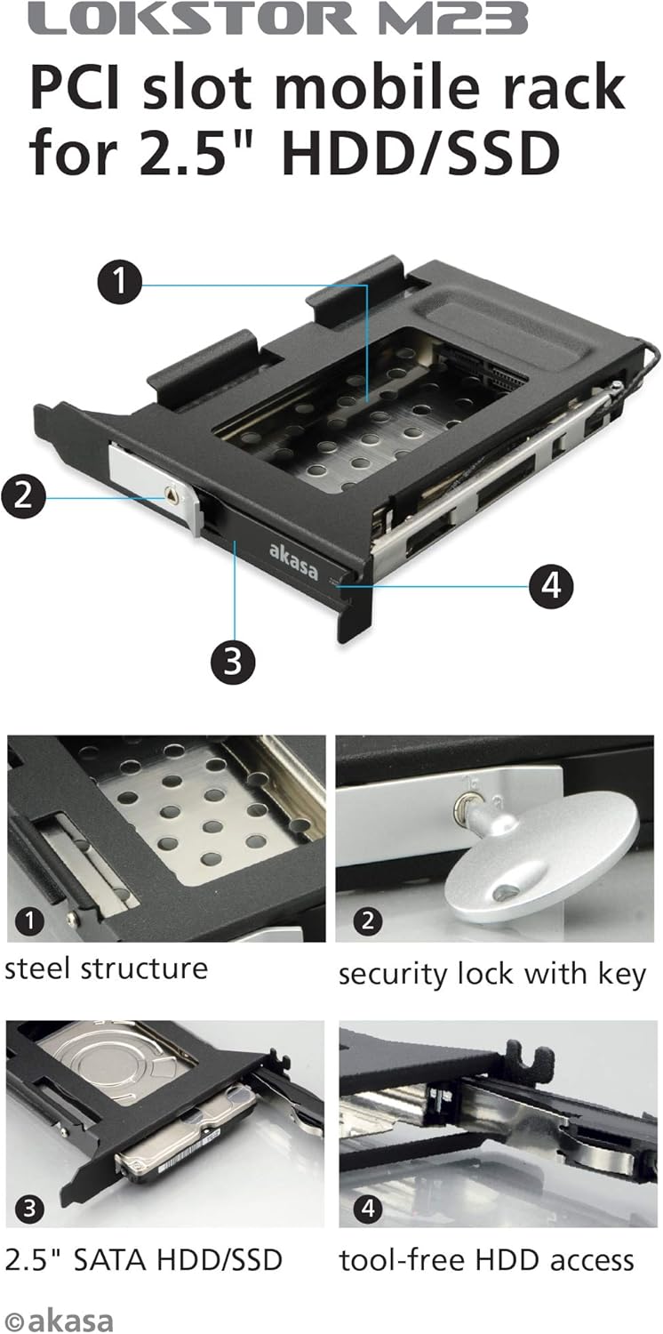 Diagram showing Akasa Lokstor M23 features: steel structure, security lock, 2.5 inch SATA HDD/SSD compatibility, and tool-free access