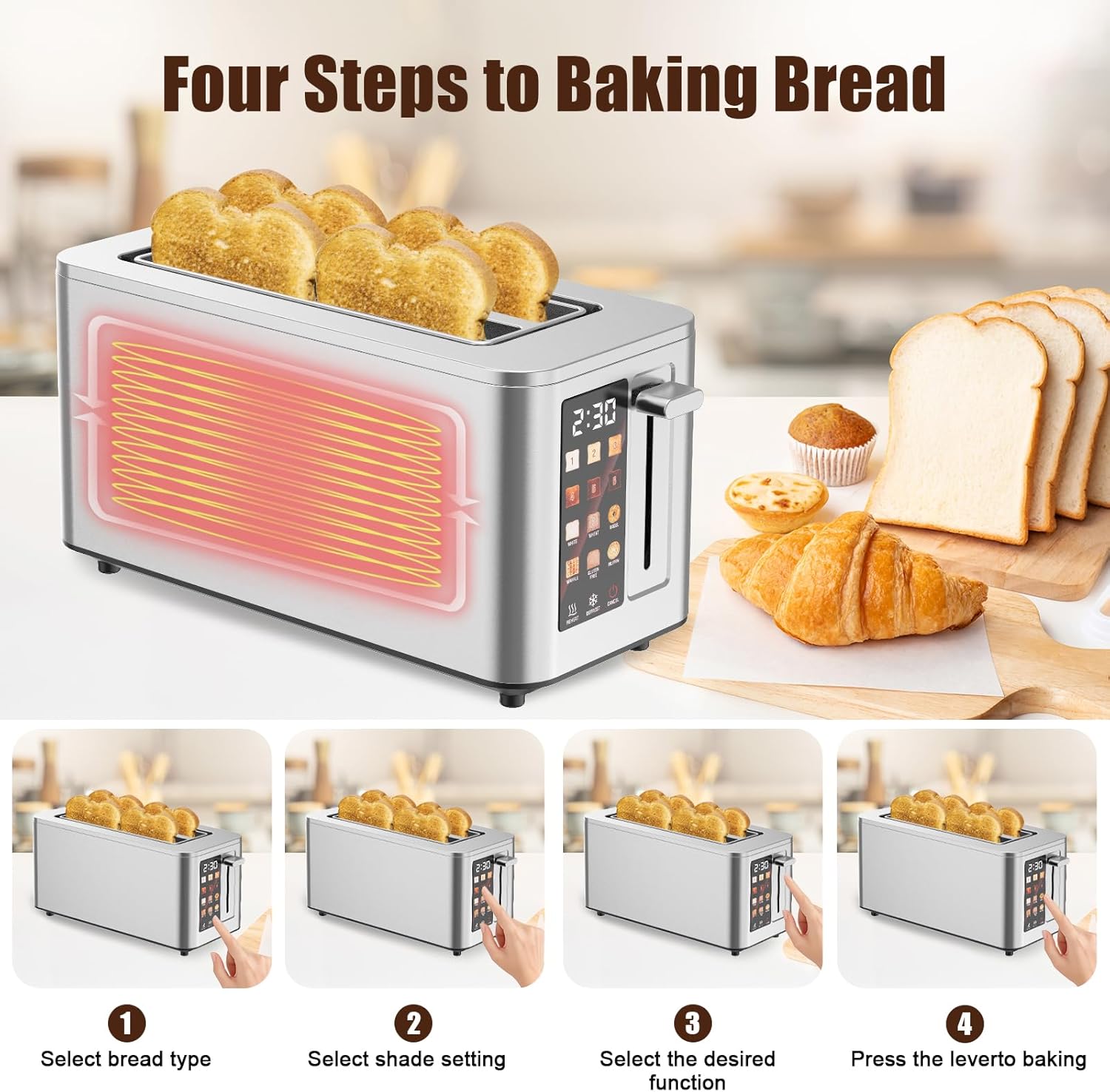 Touch Screen Toaster 4 Slice, 4 Bread Types, 4 Shade Settings, LCD Display, Extra Wide 1.5" Slots, Memory Function, 1400W，16.54 * 8.66 * 7.48inch