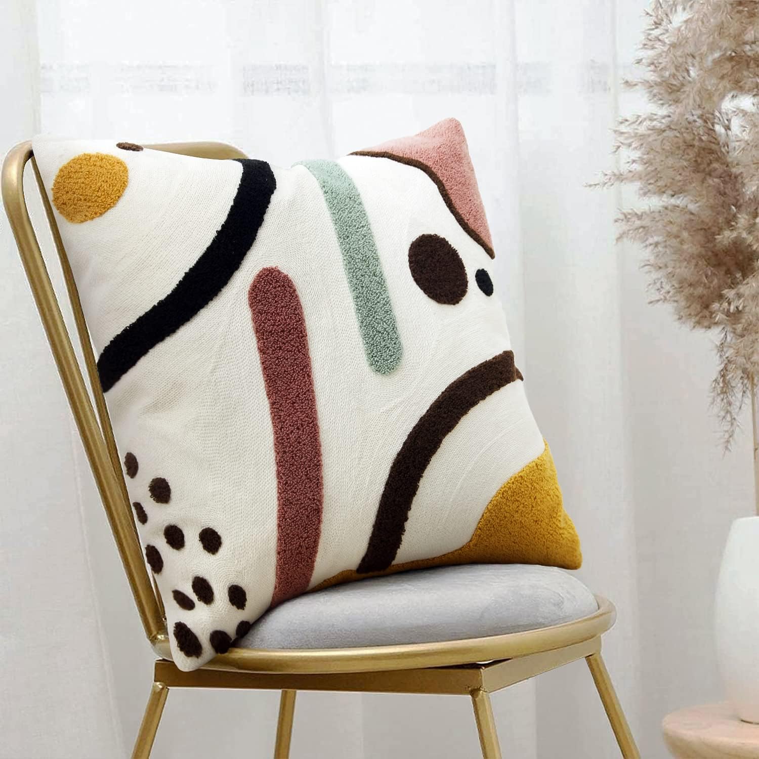 Merrycolor Colorful Boho Throw Pillow Covers 18x18 inch Tufted Modern Abstract Line Art Cute Pillows for Bedroom Aesthetic Embroidered Decorative Pillow Cases for Couch Sofa Bedroom Living Room,1PC