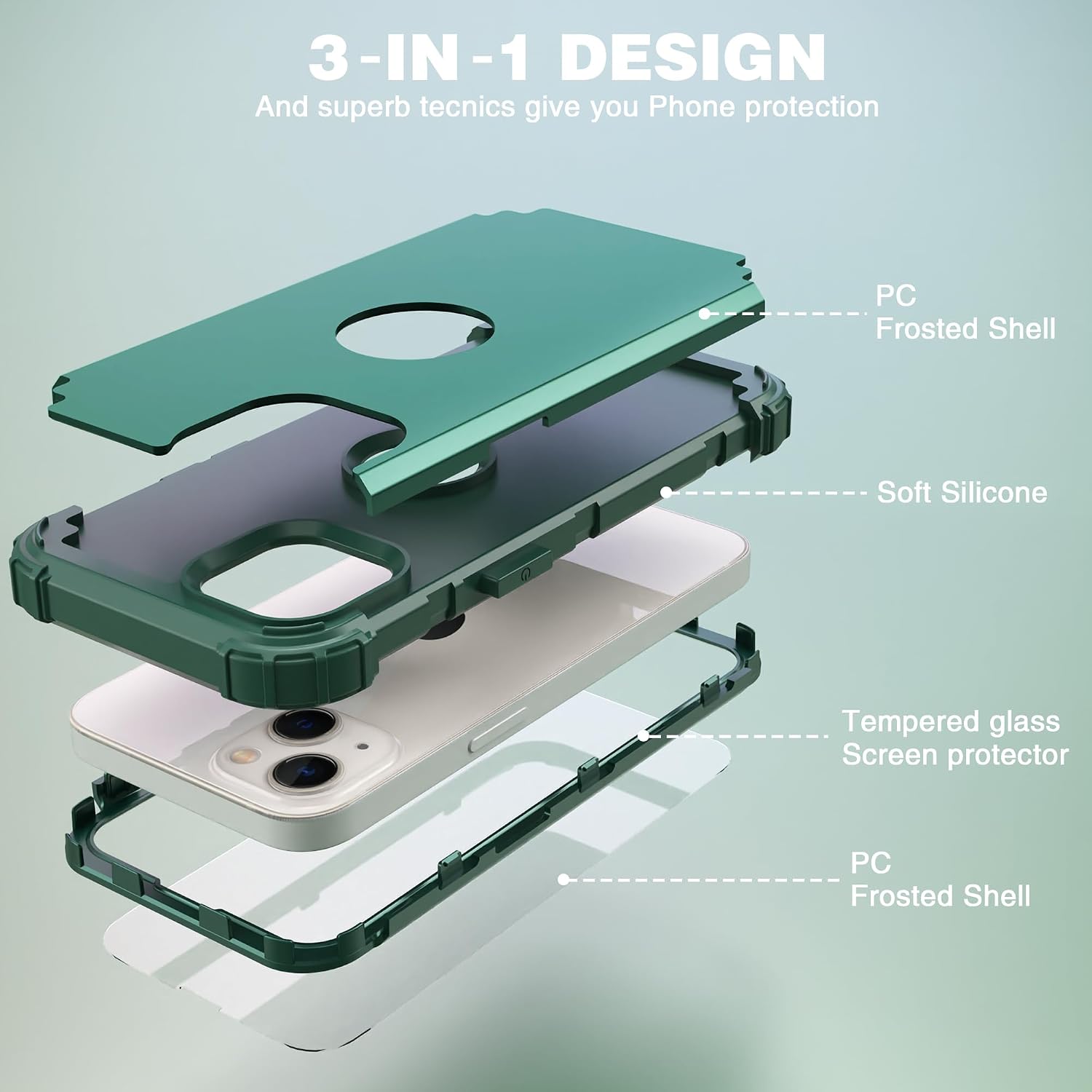 IDweel for iPhone 15 Case r, 3 in 1 Shockproof Slim Hybrid Heavy Duty Hard PC Cover Soft Silicone Bumper Full Body Case,Graphite Green