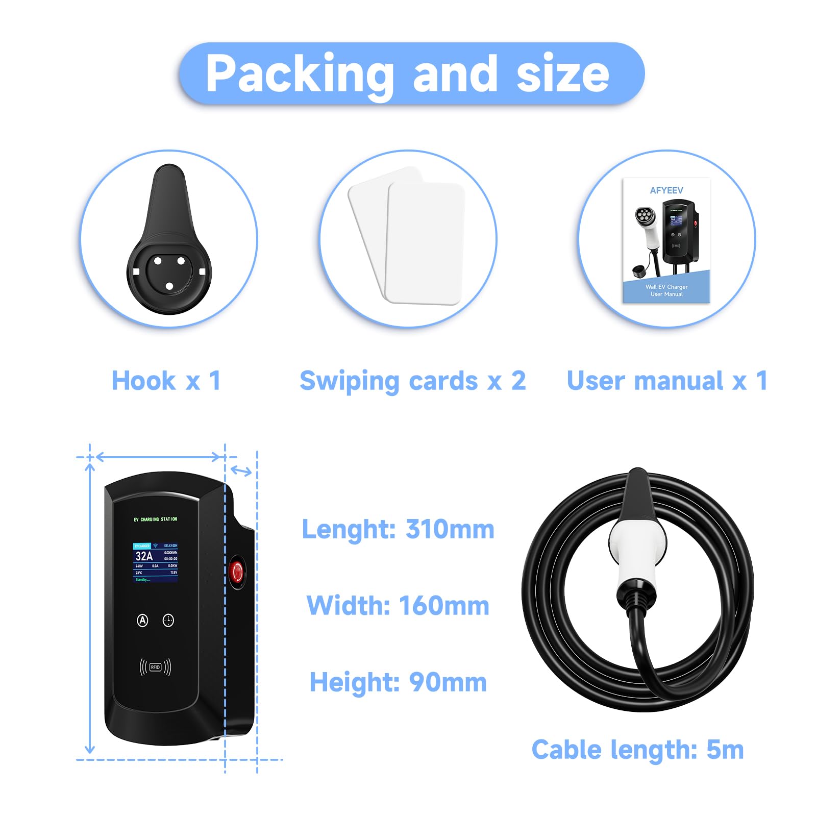 5 m EV typ 2 ładowarka stacja ładująca, kabel do ładowania typu 2, typ 2, 22 kW, wyświetlacz LED, karta RFID, aplikacja WiFi, norma UE IEC 62196-2