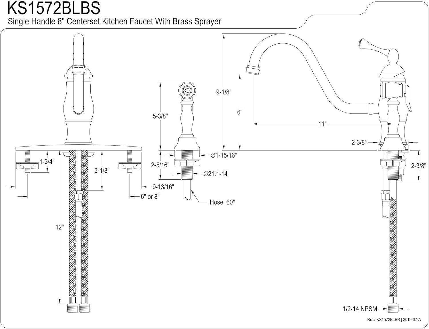 Kingston Brass KS1572BLBS Heritage Single-Handle 8" Centerset Kitchen Faucet with Brass Sprayer, Polished Brass