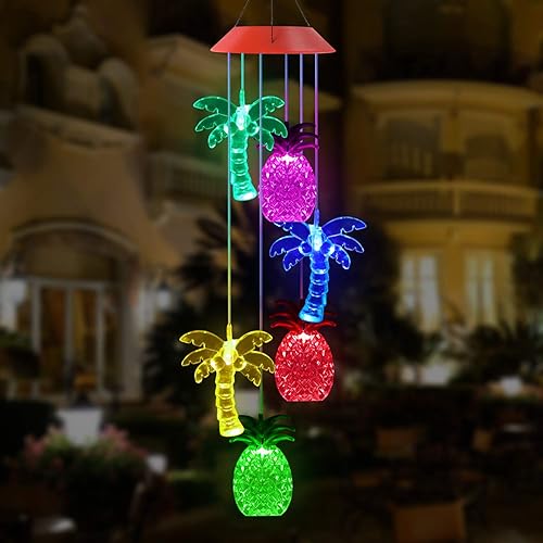 Miniatura 7 de Solawindchime Campanillas de viento de piña, árbol de coco, regalos para mujeres, campanillas de viento solares que cambian de color, luces solares
