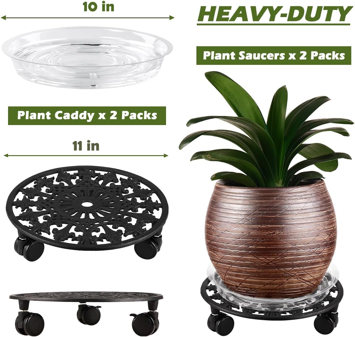 2 Pack Plant Caddy with Wheels, PlanterHoma 11 Inch Metal Plant Stand with Wheels Heavy Duty Wrought Iron Plant dolly Rolling Stand Plant Roller with Casters for Indoor and Outdoor with 2 Pack Plant Saucers