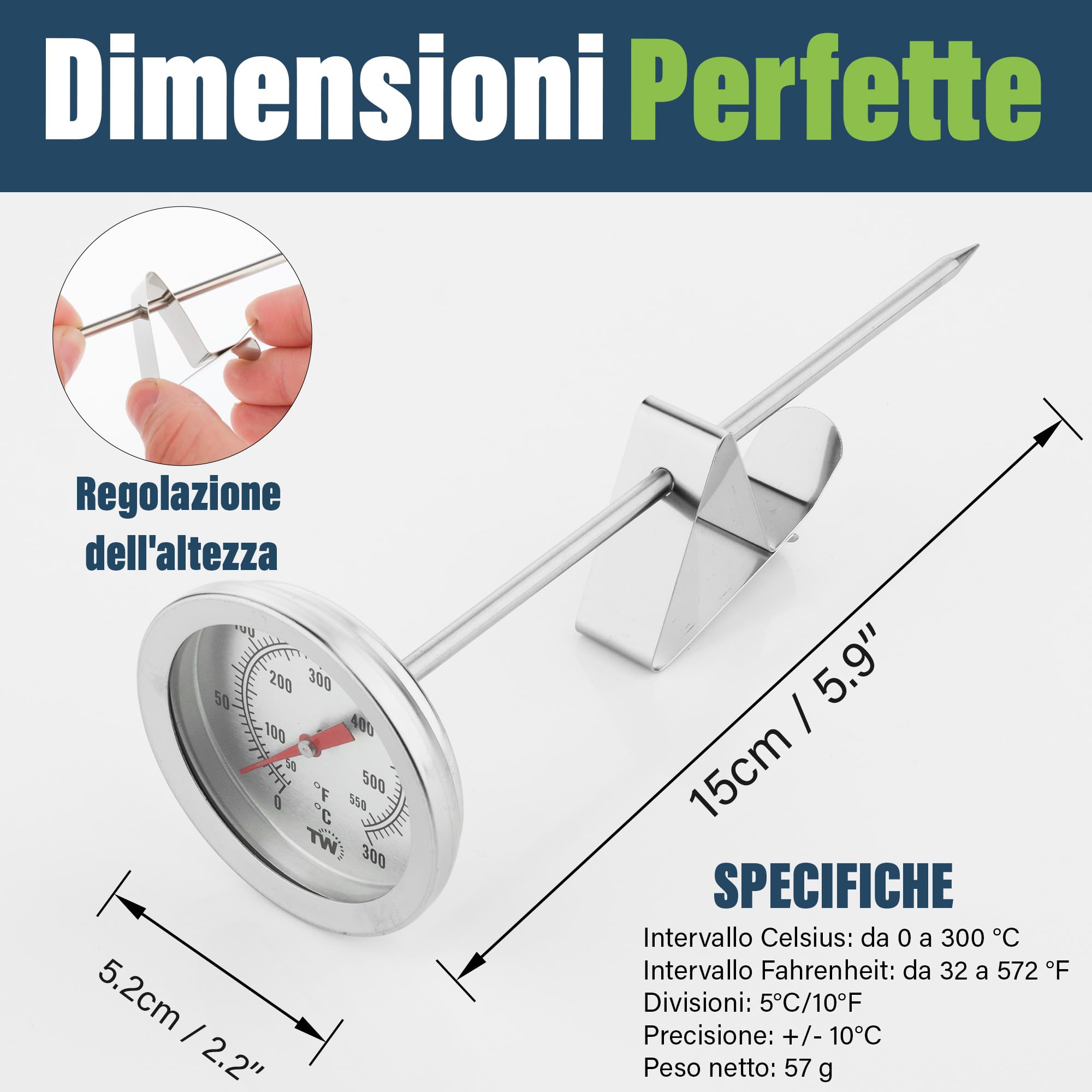 Termometro Olio Da Frittura ANCLLO - Acciaio Inox, Sonda 18cm, Scala 20-280°C, Precisione - Foto 5
