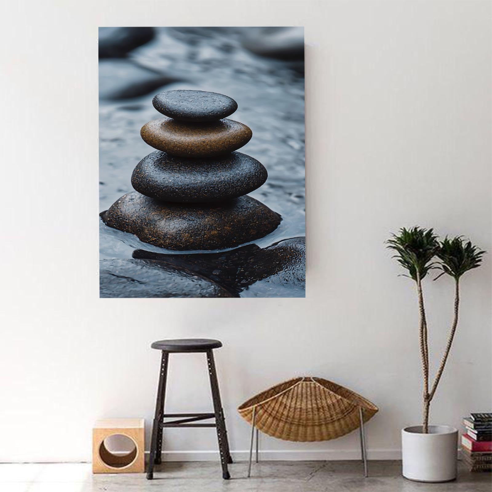 YUNART Yoga Méditation Art mural Pierres d’équilibre empilées Photos Encadré Toile tendue Oeuvre d’art pour spa Salle de bain Decor 65x100cm Cadre intérieur