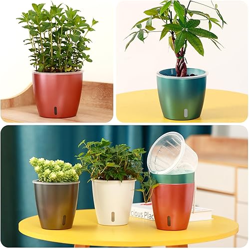 Miniatura 6 de Paquete de 6 macetas de riego automático de 5 pulgadas para plantas de interior con indicador, maceta de orquídeas con mecha transparente para