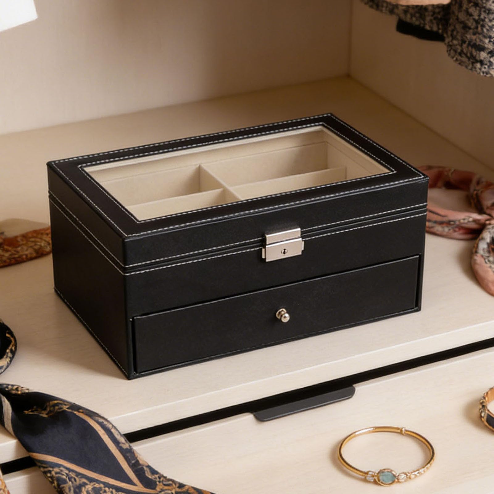 Sonnenbrillen-Vitrine aus PU-Leder, Eleganter Verschließbarer Organizer für Brillen- und Schmuckaufbewahrung mit 12 Fächern