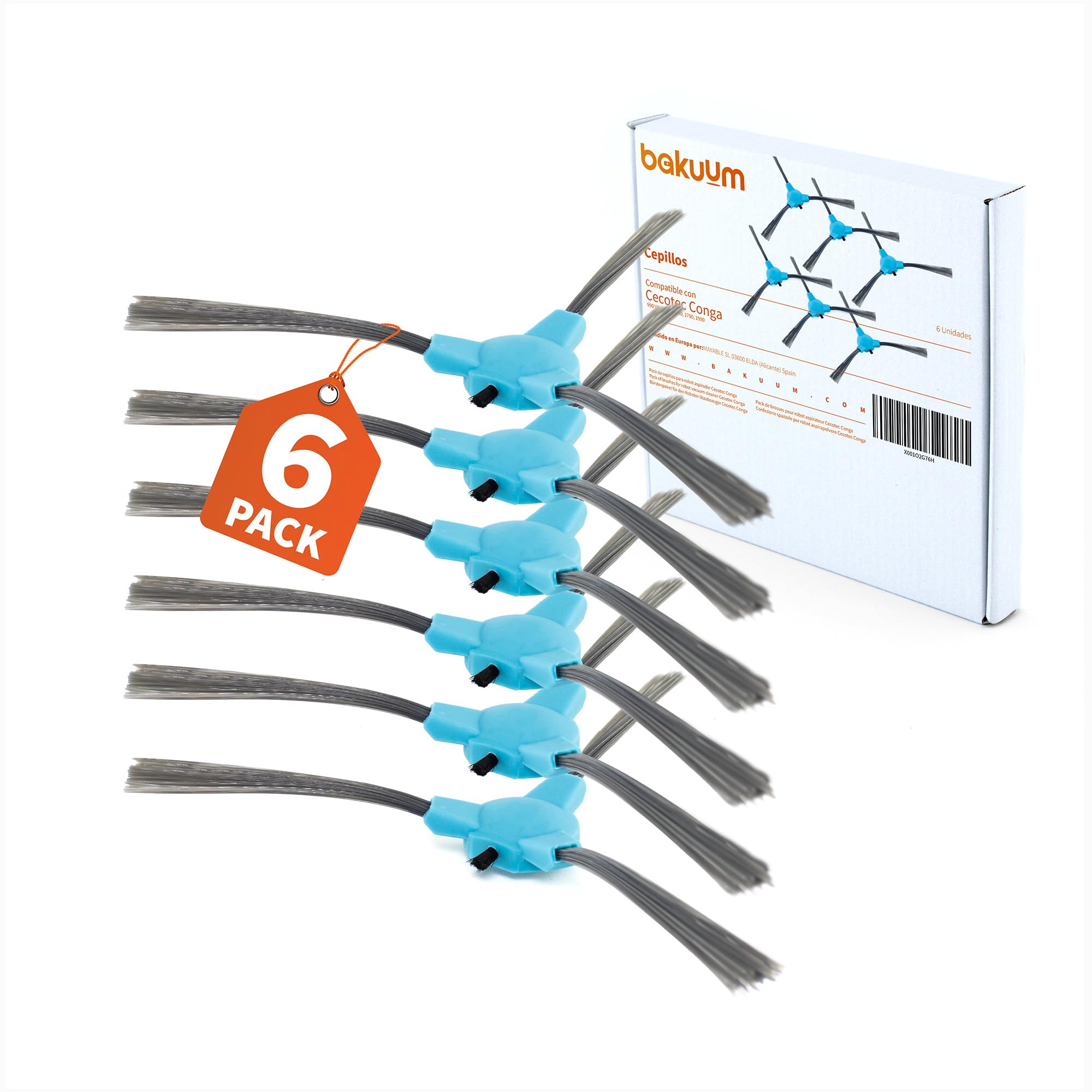 Pack 6 cepillos, escobillas laterales, para Cecotec Conga Series 999 y 990 VITAL, 1090, 1790 y 1990. Pack repuestos y accesorios para robot aspirador