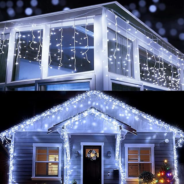 Christmas Icicle Lights Outdoor, BrizLabs 360 LED 45.3ft Window Curtain Lights Cool White String Tree Lights Mains Powered Waterproof 8 Modes for Home Party Wedding Garden Holiday Decorations