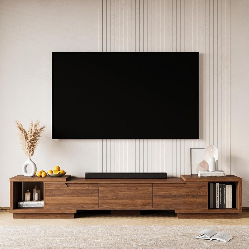 MEISSALIVVE Extendable TV Stand for Up to 120 Inch TV, Modern Entertainment Center with 3 Drawers & 2 Storage Compartments, Adjustable Length (65"-103"), TV Consoles for Living Room (Walnut) image 7