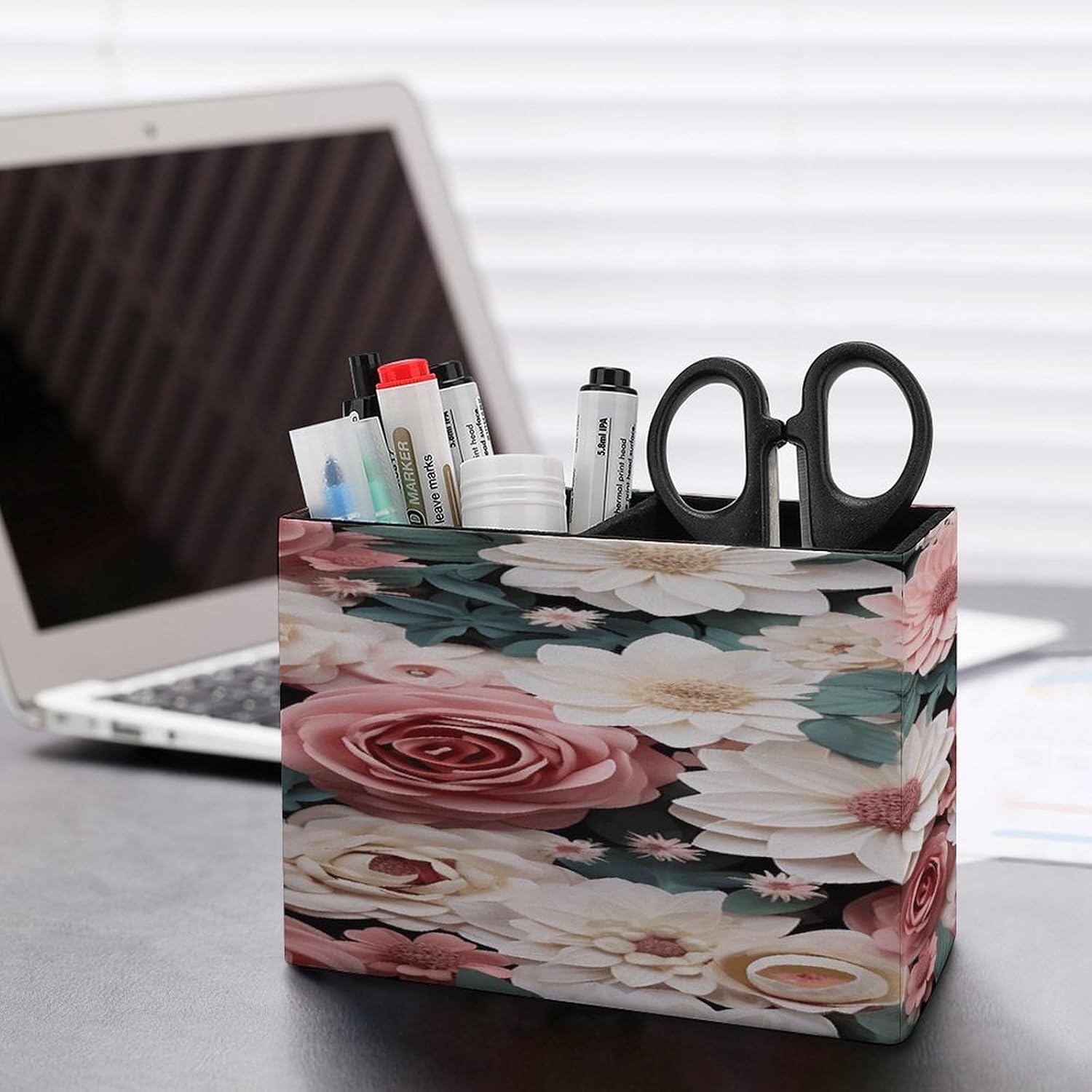 Flowers with Pink And Green Leaves Pen Holder Double Compartments Pen Cup Fashion Makeup Brush Holders Leather Pencil Holder for Work Locker Accessories Modern Pencil Cup for Desk Organizer image 5