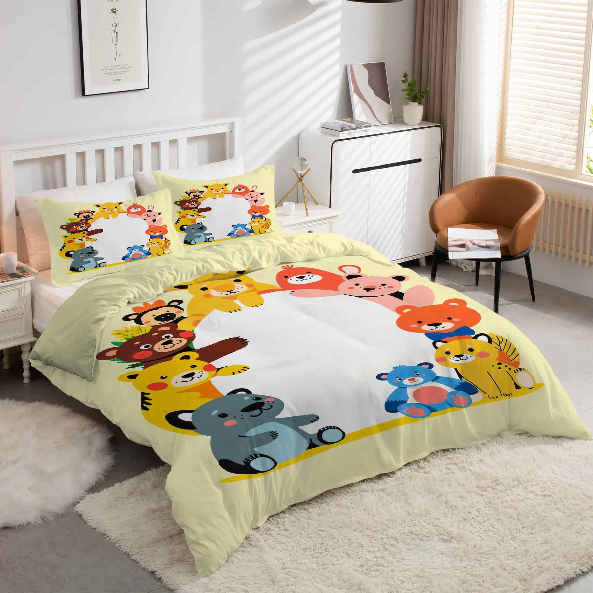 Housse de couette 220x240 animaux mignon parure de lit 3 pièces microfibre douce