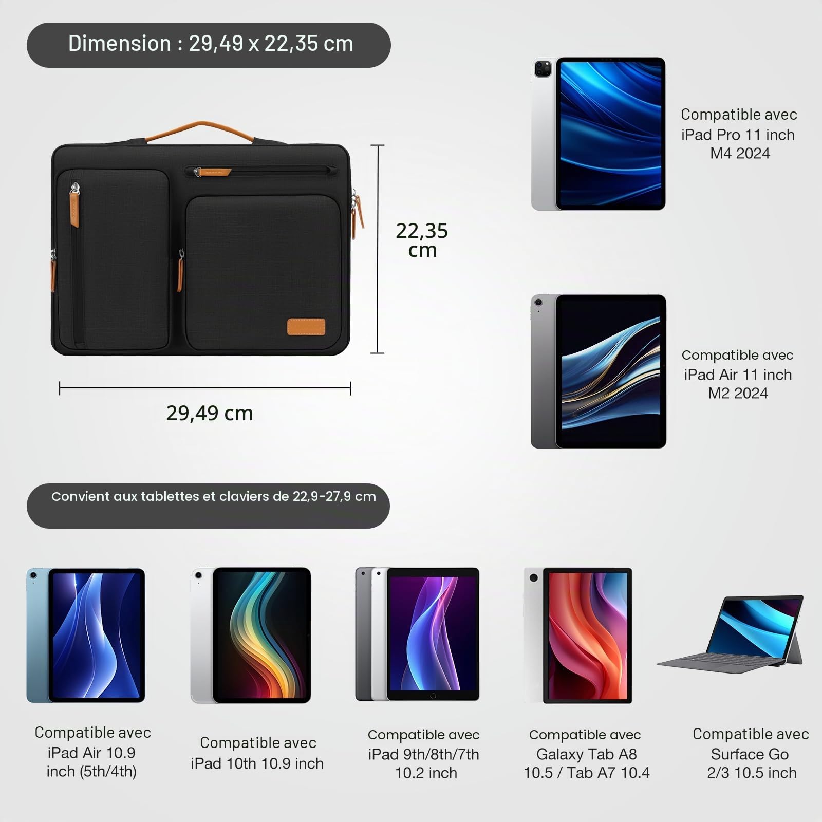 MOSISO Housse de Tablette pour iPad Pro 11 M4&iPad Air M2 2024,iPad Pro 11 M2 M1,iPad 9/8/7 10.2,iPad Air 5/4 10.9,Galaxy Tab 11,Sac Ouverture latérale avec 4 Poches zippées,Noir